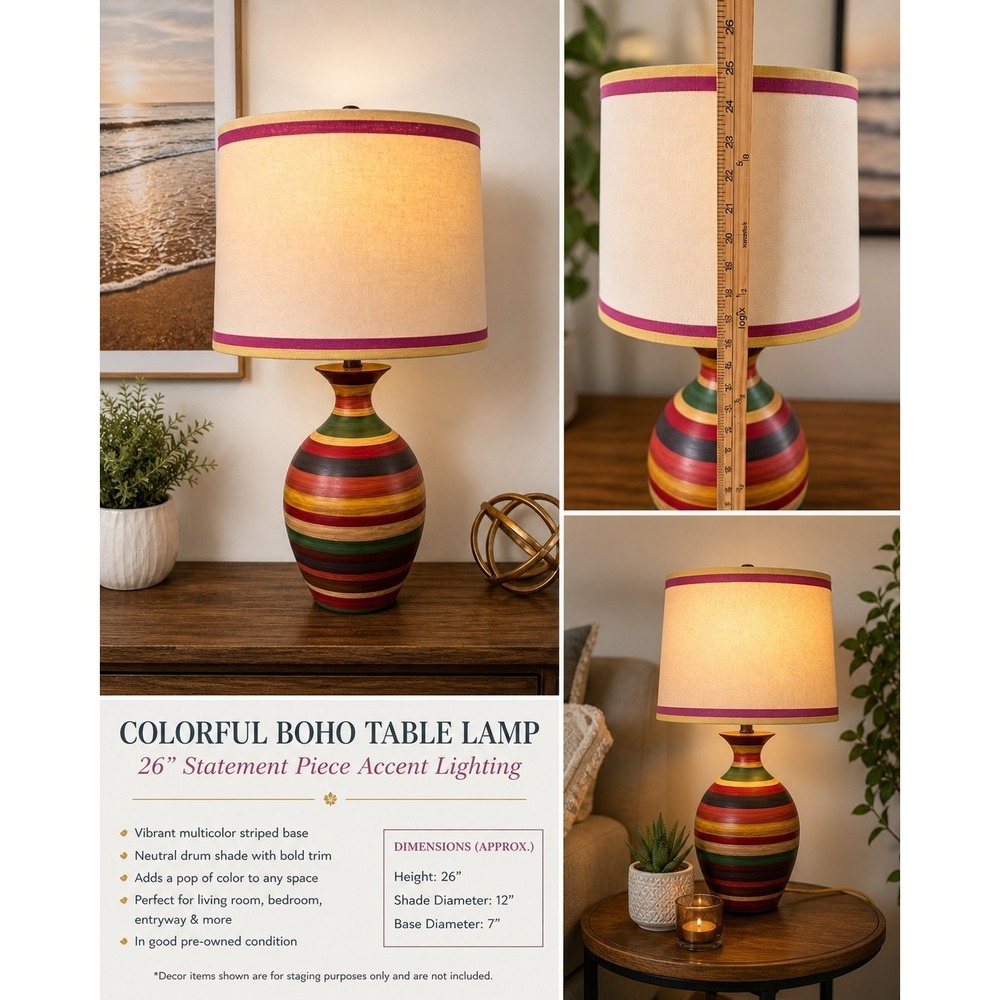 Boho Colorful Striped Table Lamp 26" GUC Vintage Eclectic Decor 🌈Tested